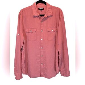 A113 Express Men’s Red Linen Blend Button Down Shirt Sz L Long Sleeve